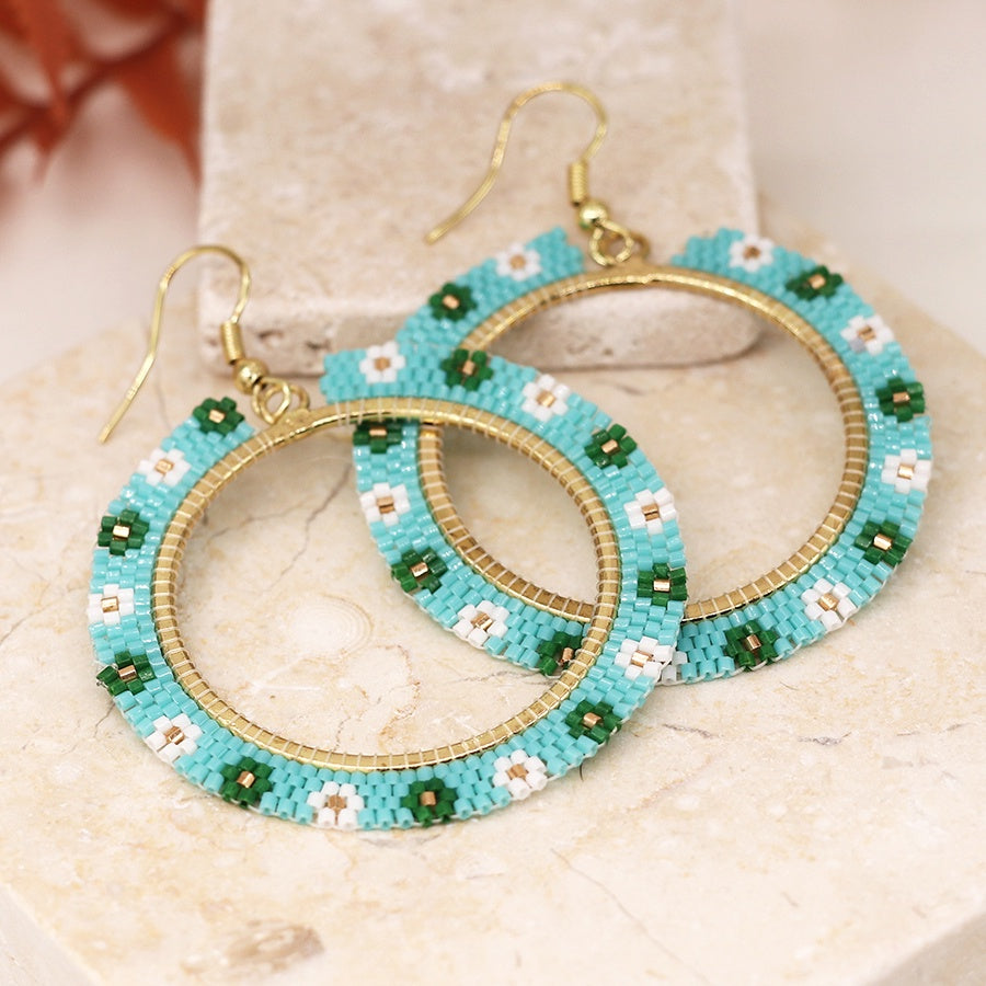 Beaded Flower Hoop Earrings