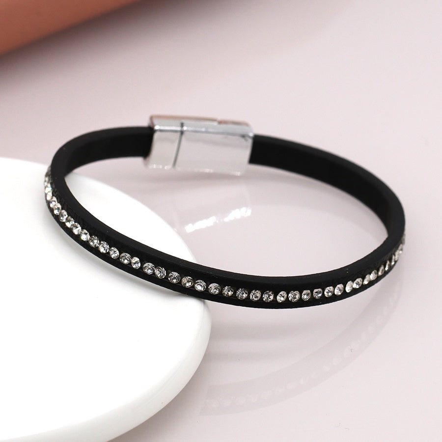 Aida Leather and Crystal Bracelet - Black