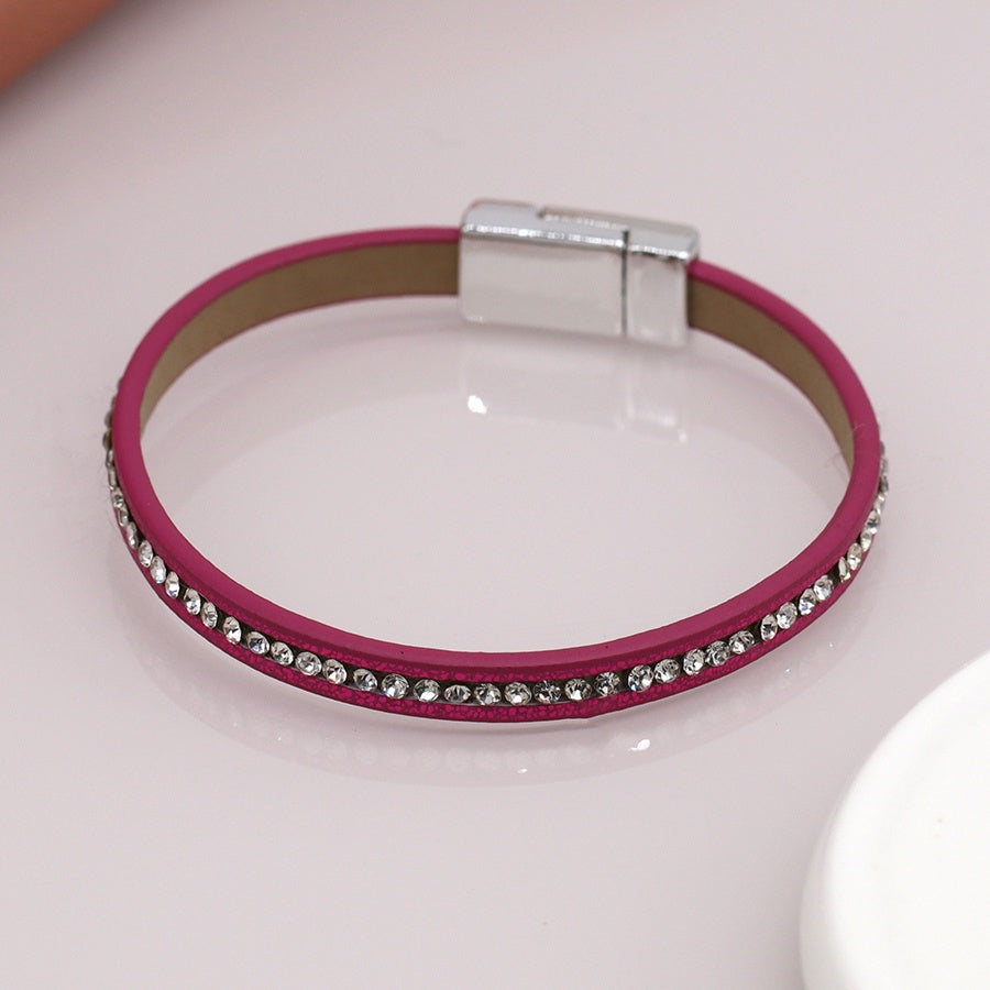 Aida Leather and Crystal Bracelet - Raspberry