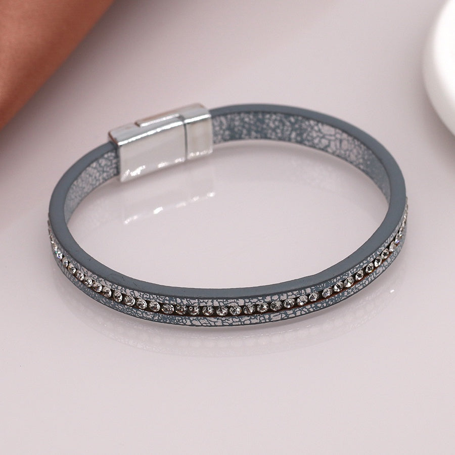 Aida Leather and Crystal Bracelet - Grey