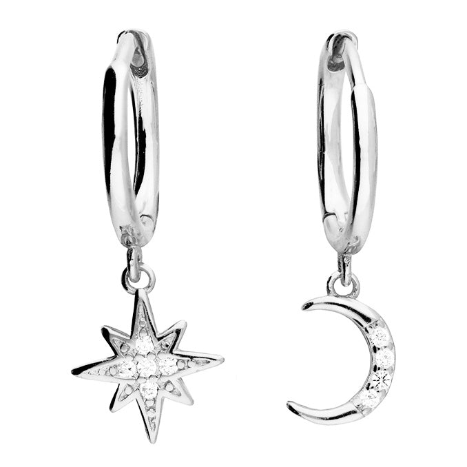 Moon + Star Hoop Earrings - Sterling Silver