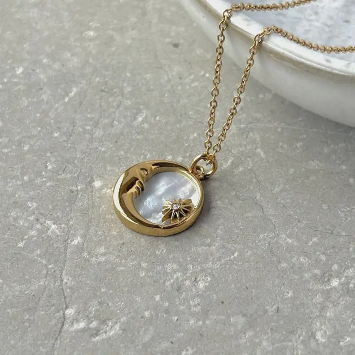 Moon and Star Pearlescent Necklace - Gold