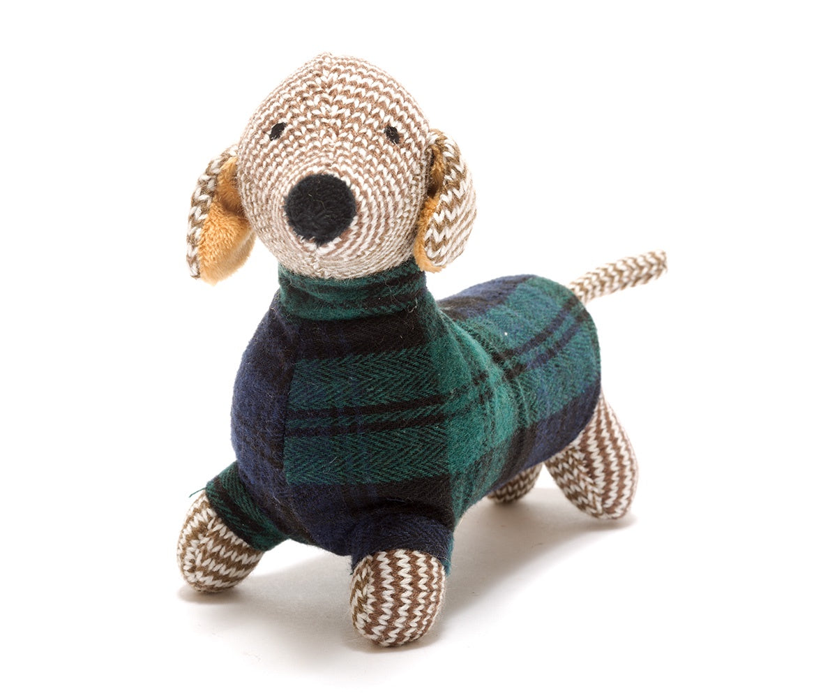 Sausage Dog Soft Toy Rattle - Tartan Jumper