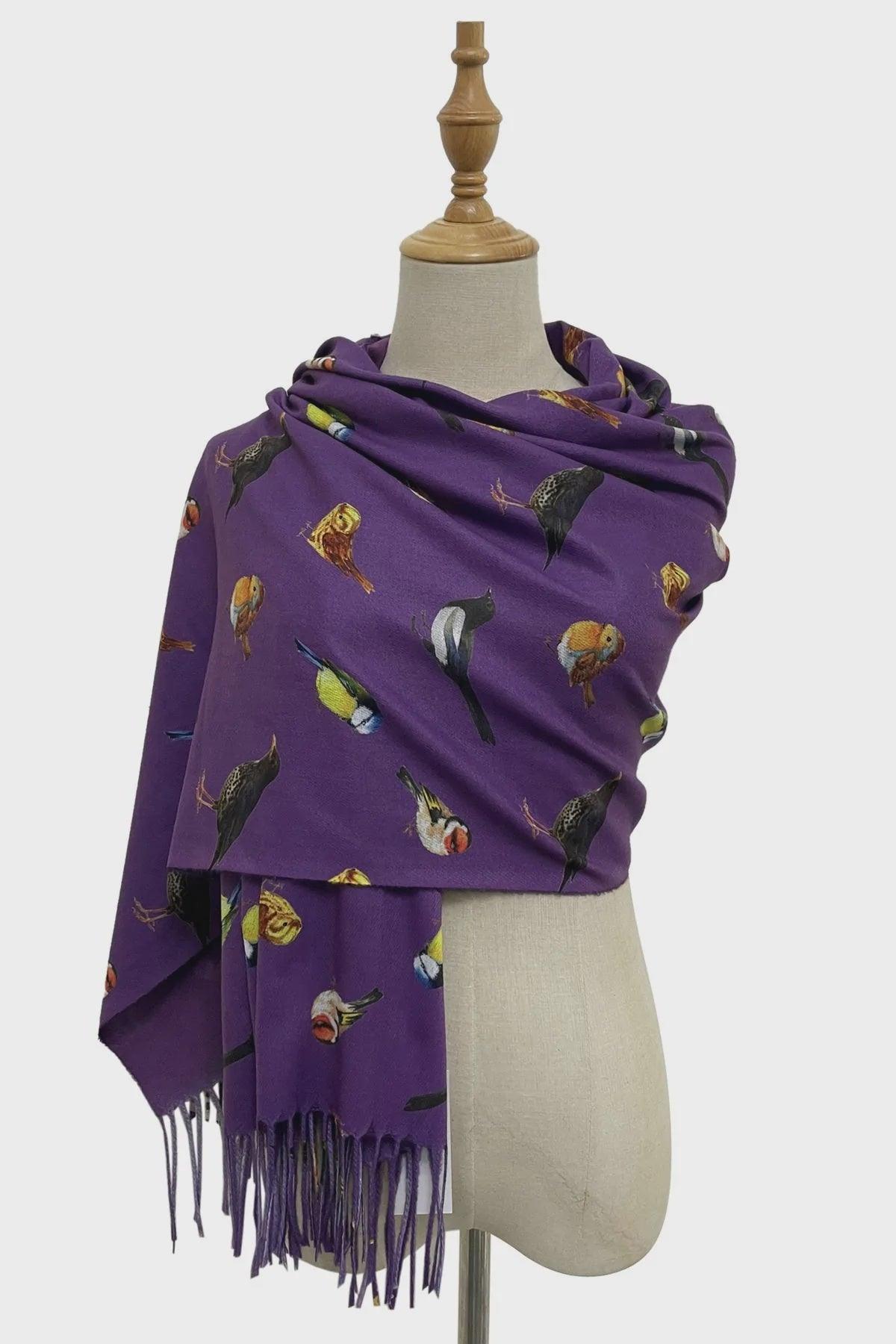 British Wildlife Birds Print Tassel Scarf - Purple - Pretty Shiny Shop