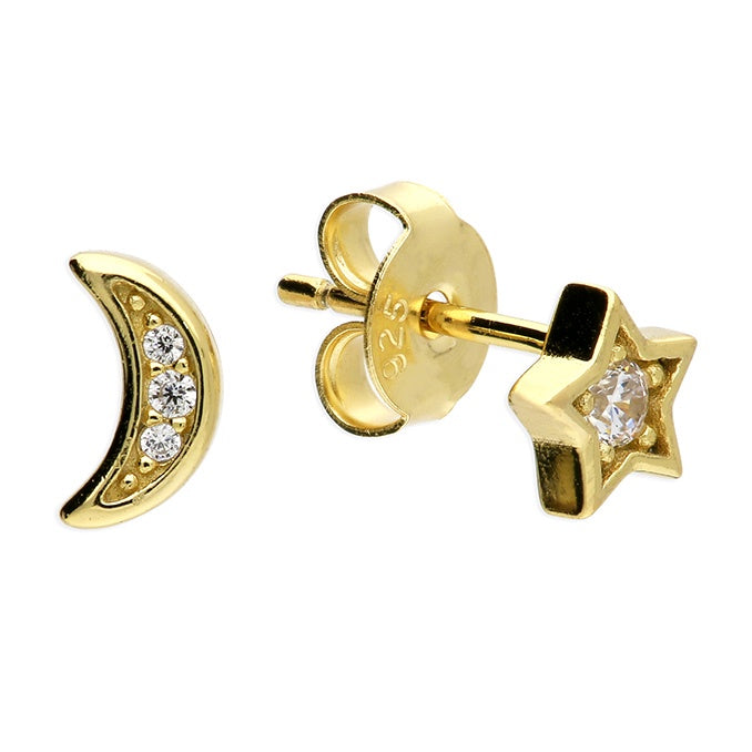 Star and Moon CZ Studs - Gold
